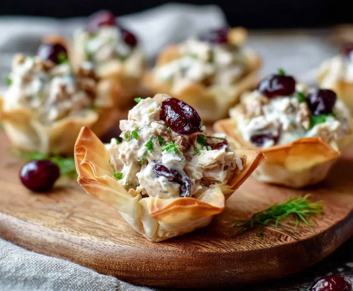 Delicious cranberry walnut chicken salad served in crispy phyllo cups, perfect for appetizers and parties.