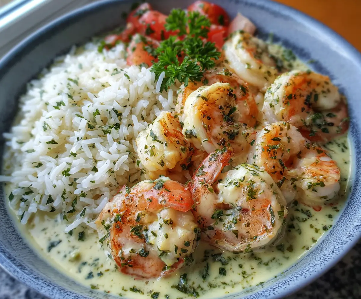 Creamy garlic butter shrimp served in a bowl with herb-infused rice and fresh herbs.