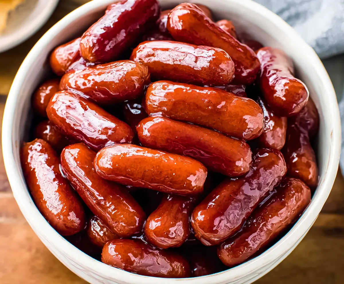 Delicious Crockpot Little Smokies appetizer with smoky sausages and a savory glaze.