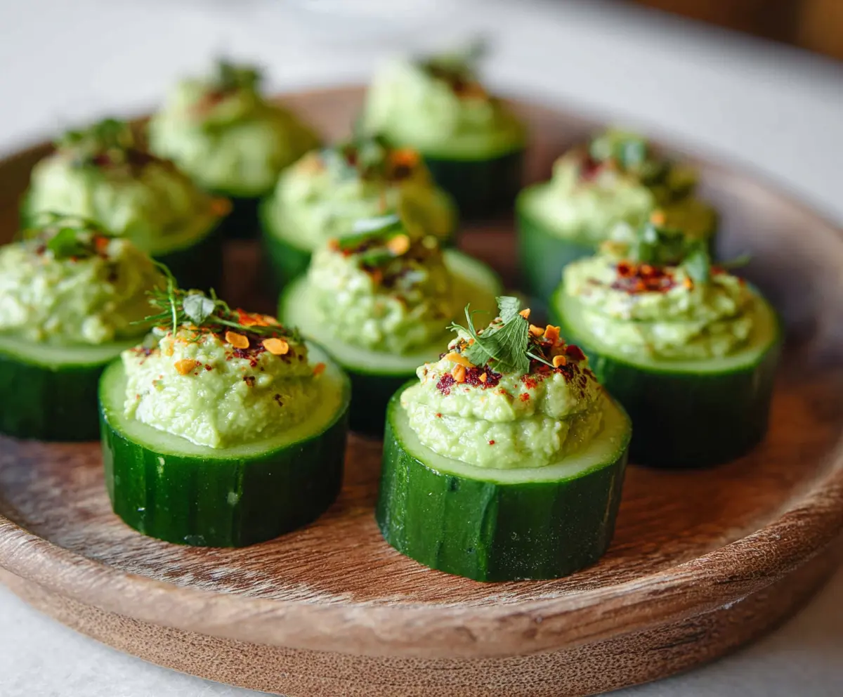 Fresh cucumber slices topped with creamy avocado and herbs, perfect for здоровое закуски.