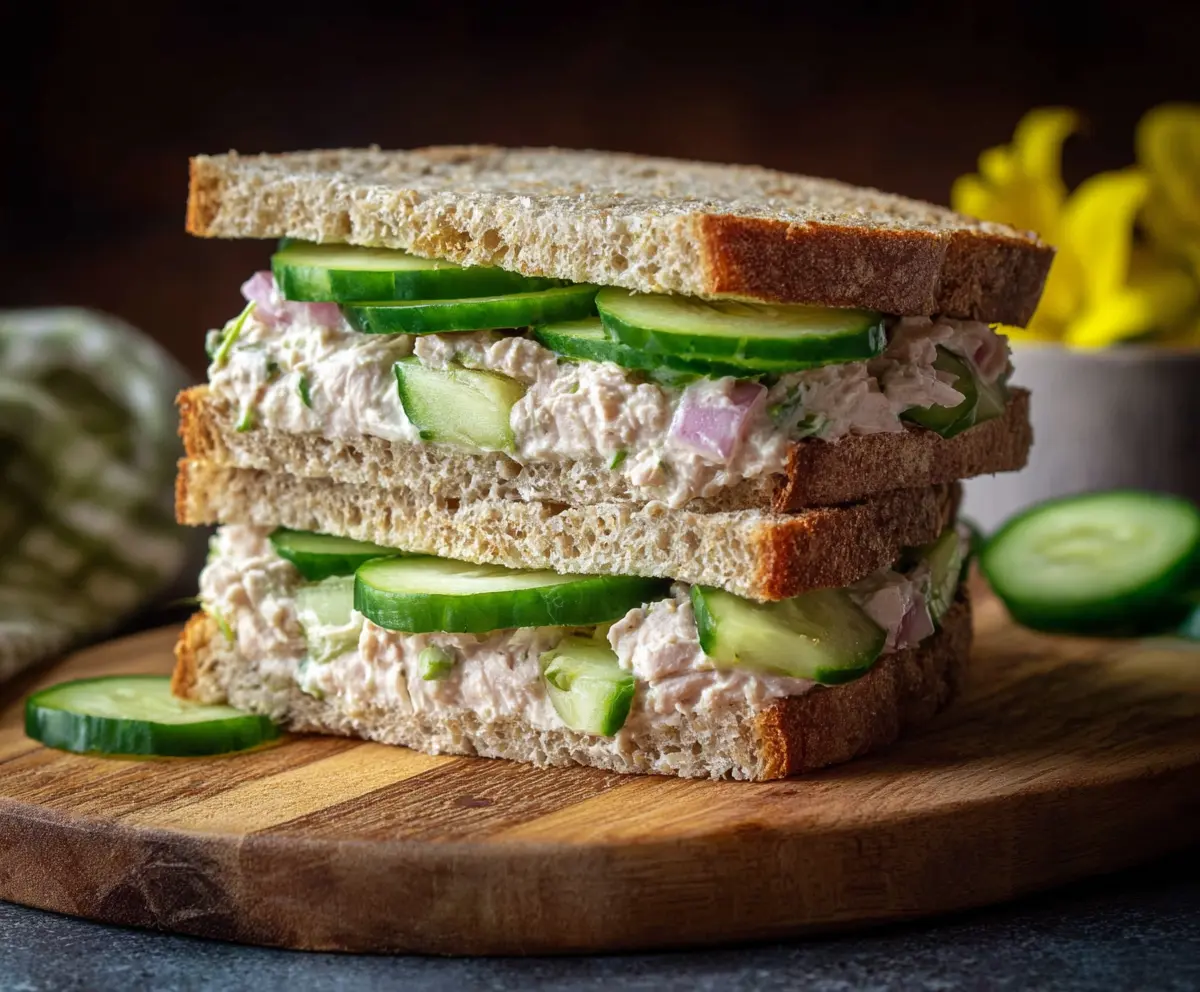 Fresh cucumber and tuna sandwich on bread, healthy lunch idea