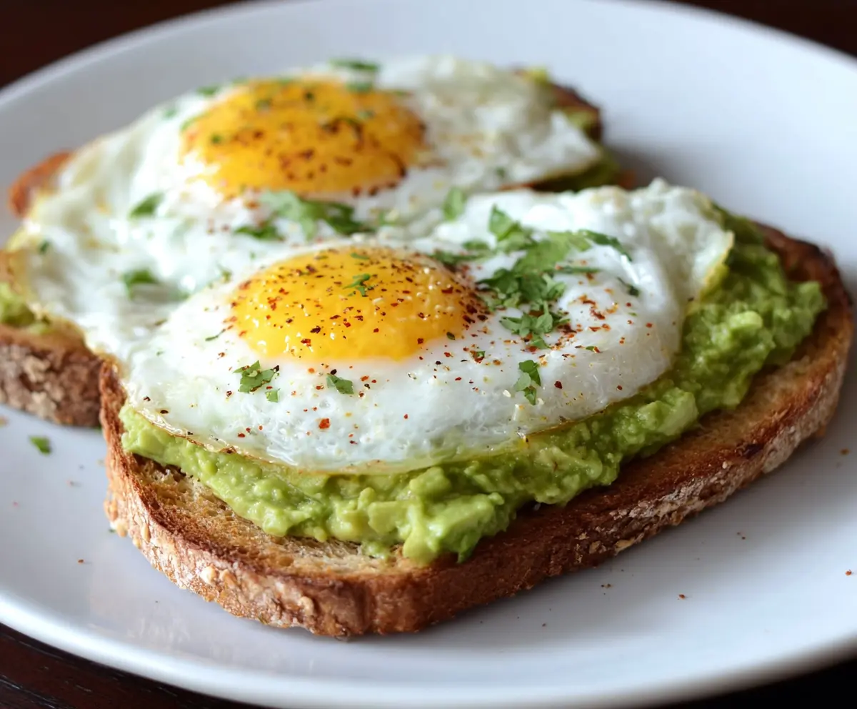 Delicious egg and avocado toast with a perfectly cooked sunny-side-up egg on a slices of toasted bread.
