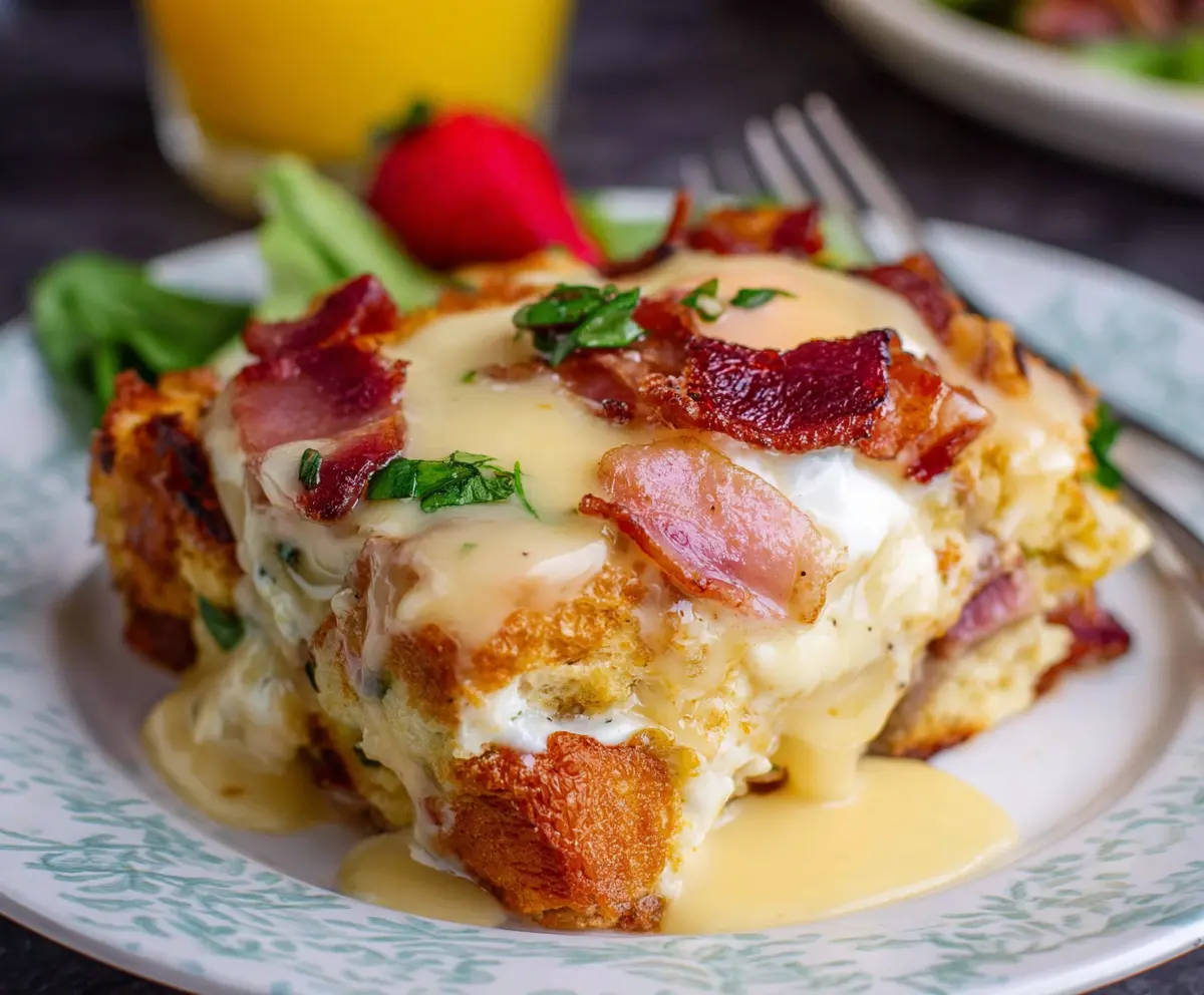 Delicious Eggs Benedict casserole topped with hollandaise sauce and fresh herbs.