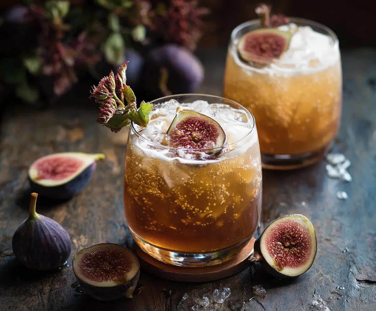 Refreshingly sweet Fig Bourbon Smash cocktail garnished with fresh figs and mint on a stylish bar setup.
