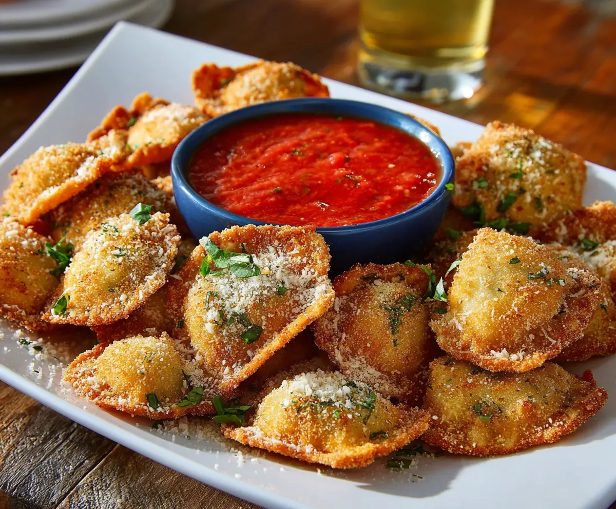 Crispy fried ravioli with melted cheese filling on a plate, perfect appetizer.