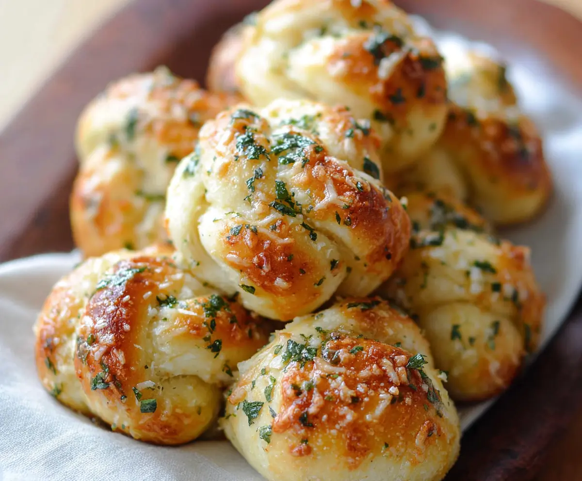 Golden garlic Parmesan knots fresh out of the oven, filled with melted cheese and herbs.
