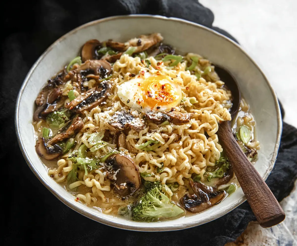 Delicious Garlic Parmesan Ramen bowl with creamy sauce and fresh herbs.