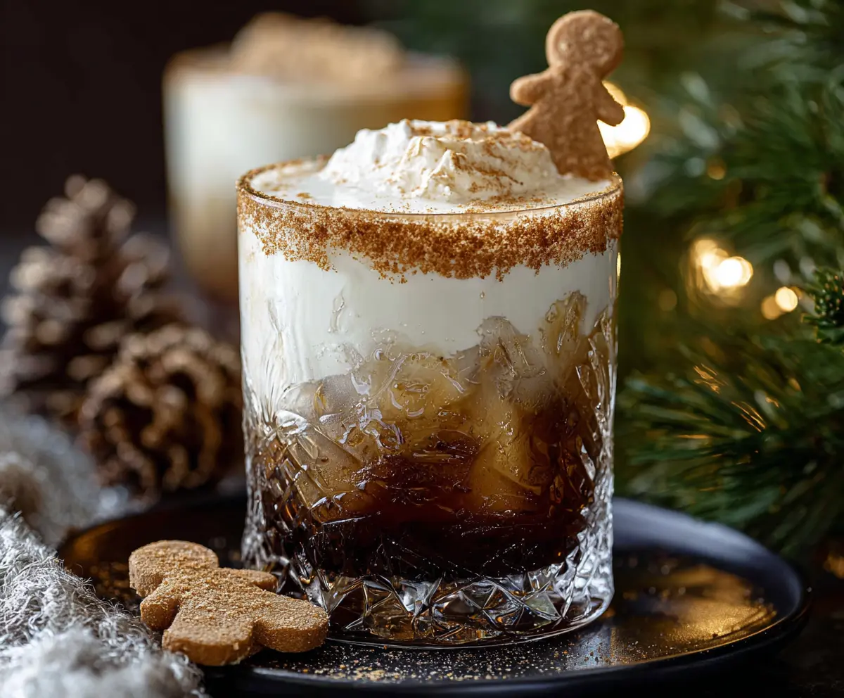Creamy Gingerbread White Russian cocktail garnished with a cinnamon stick and whipped cream in a clear glass.