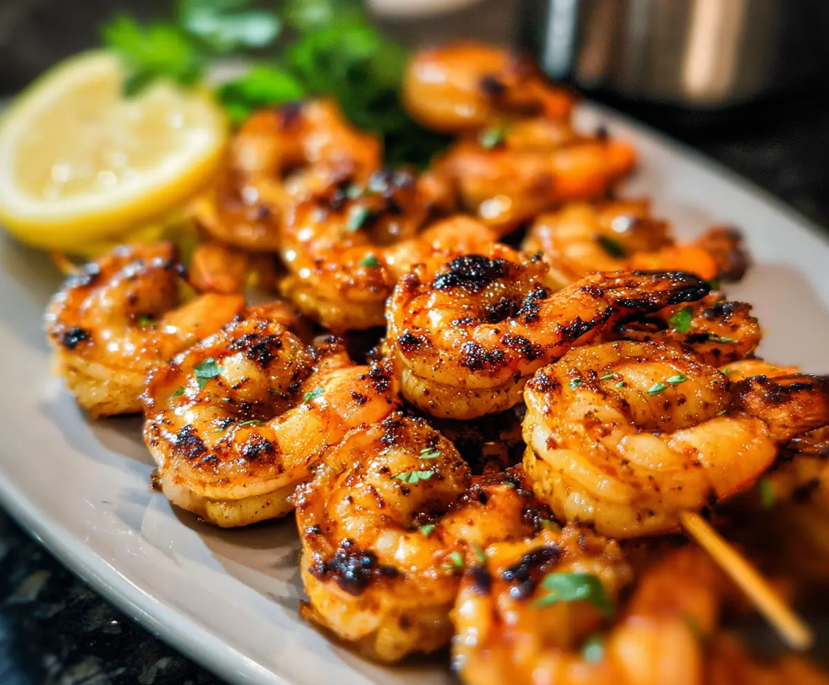 Juicy grilled spicy shrimp served on a plate with lemon wedges and fresh herbs.