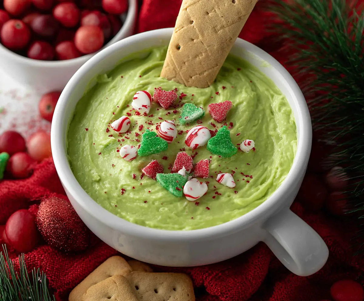 Festive Grinch Dip served in a colorful bowl with holiday-themed decorations.