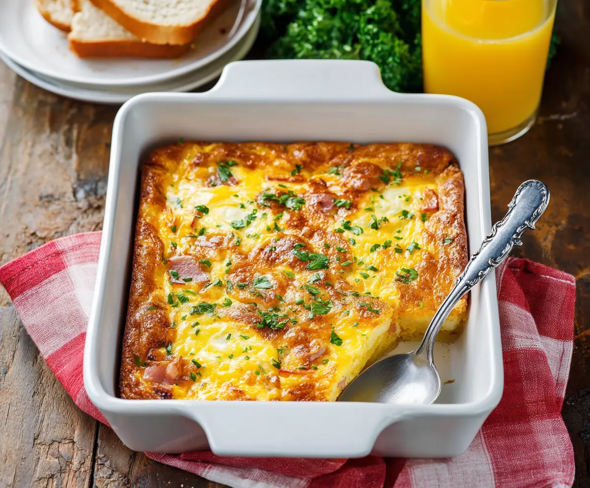 Delicious ham and egg casserole with melted cheese and fresh herbs on a serving plate.