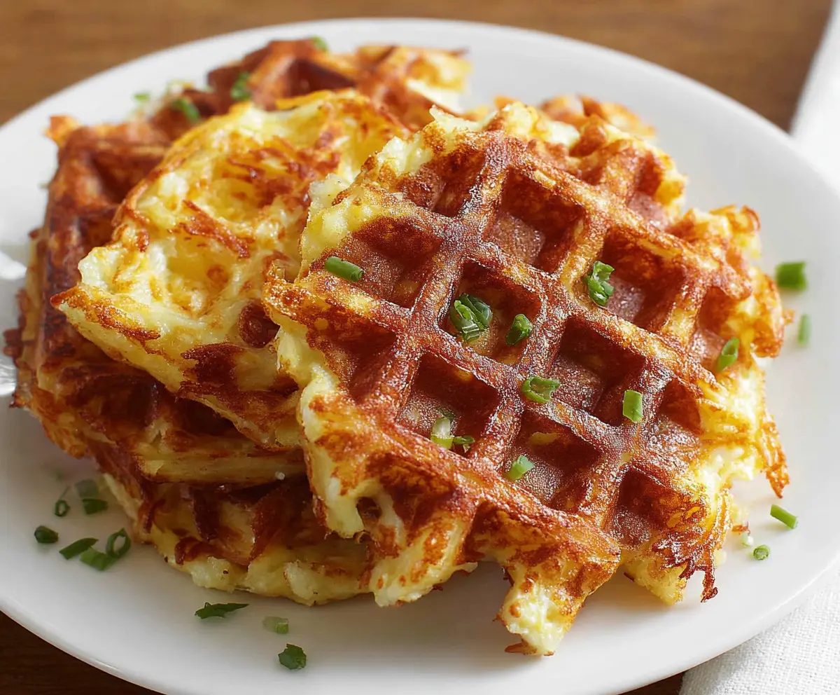 Golden crispy hash brown waffles served with fresh herbs for a delicious breakfast