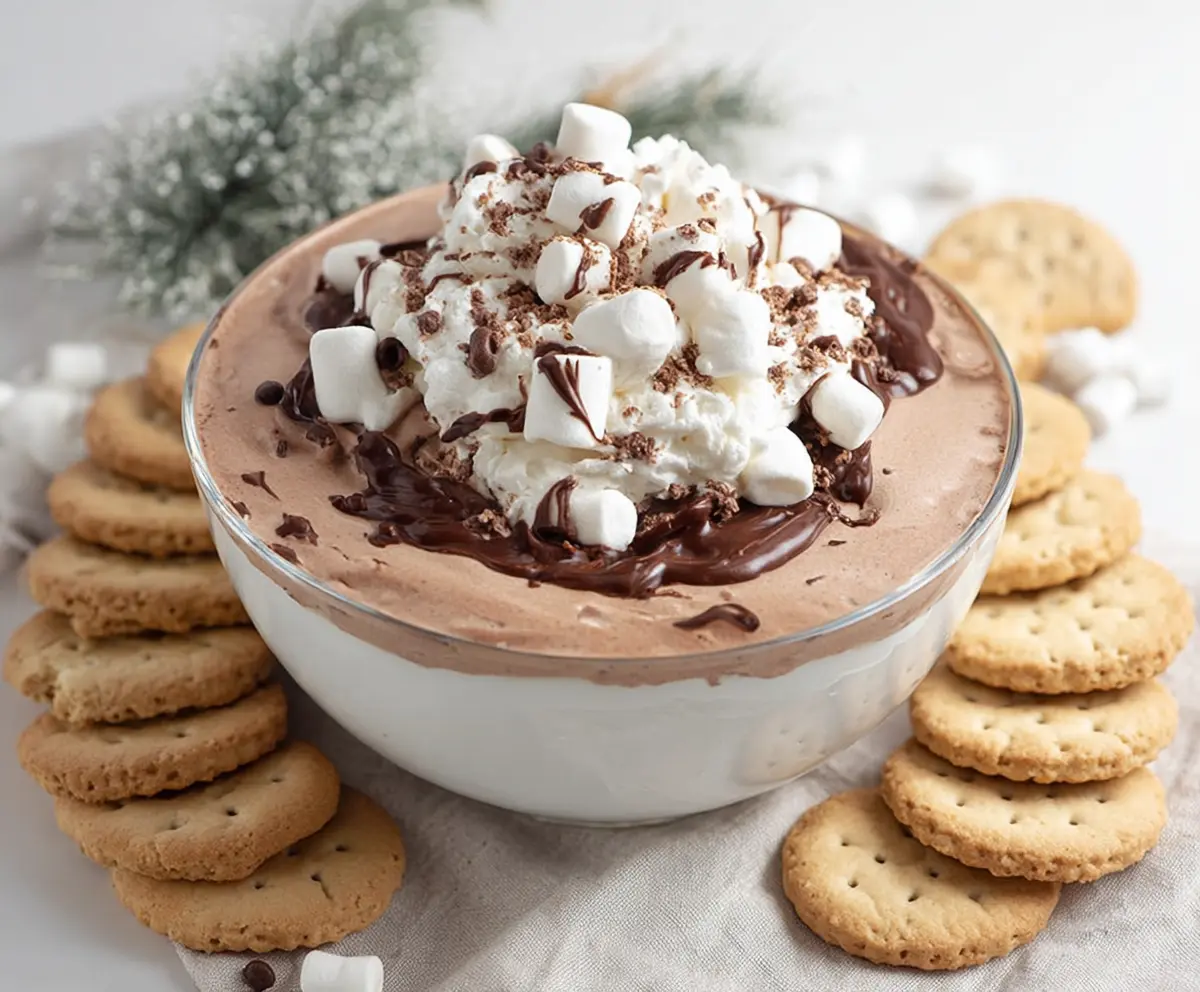 Creamy Hot Cocoa Cheesecake Dip with chocolate and whipped topping, perfect for dessert or party treats.