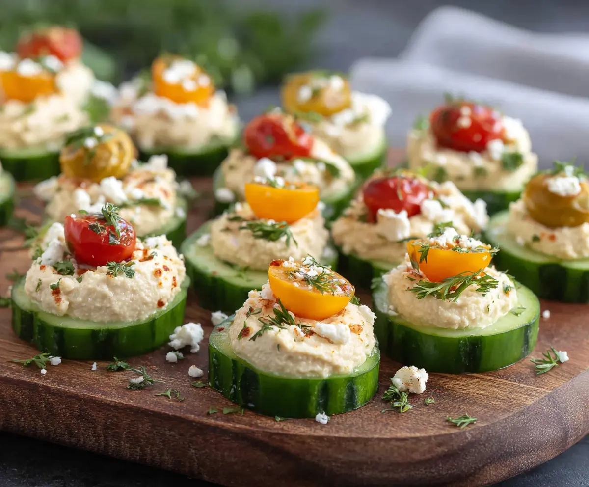 Delicious hummus cucumber bites appetizer garnished with fresh herbs.
