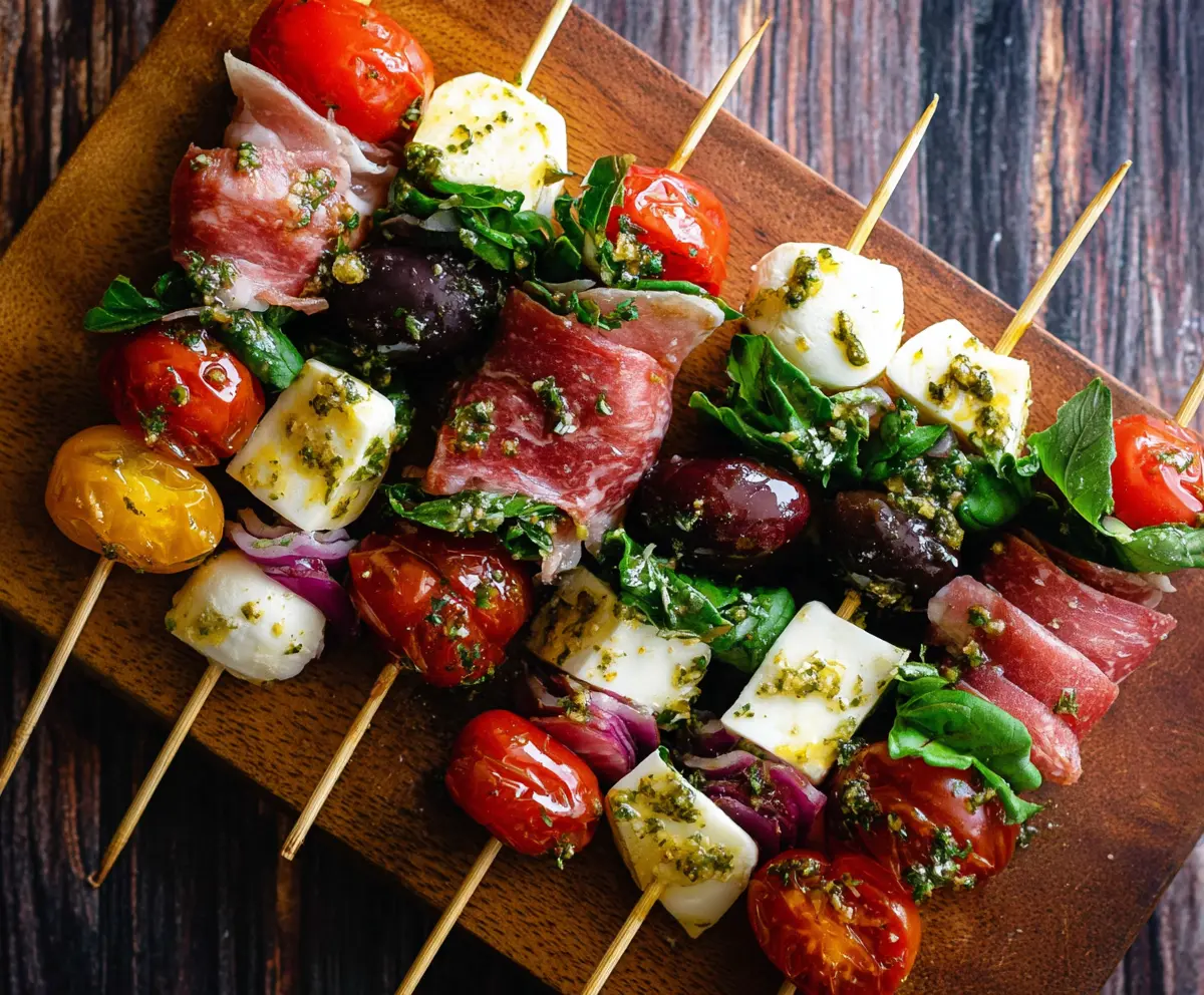Colorful Italian Antipasto Skewers featuring fresh mozzarella, cured meats, olives, and cherry tomatoes for appetizer platter.