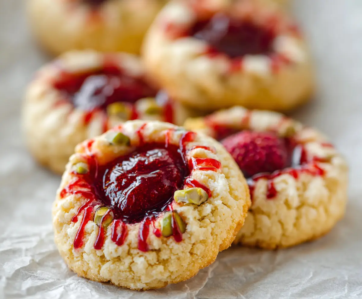 Close-up of Italian Raspberry Thumbprint Cookies with raspberry jam filling on a white plate, perfect for dessert or tea time.