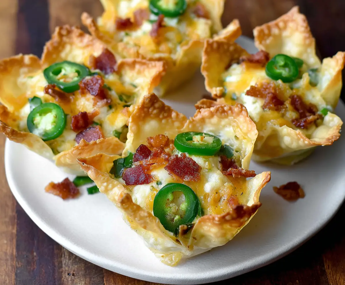 Delicious Jalapeno Popper Wonton Cups filled with creamy cheese and spicy jalapenos, perfect as an appetizer.