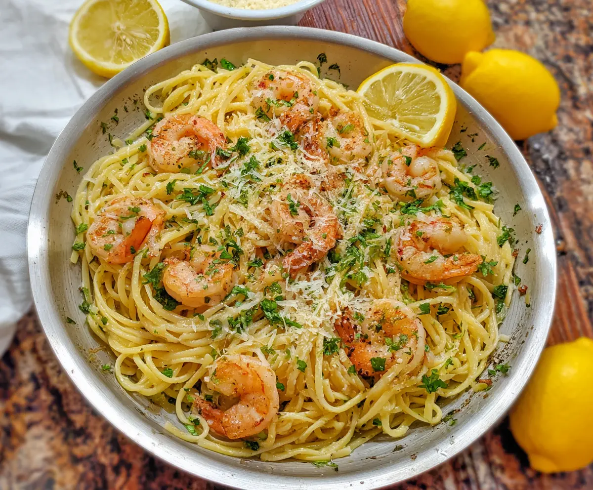 Delicious lemon garlic parmesan shrimp pasta served on a white plate with fresh herbs