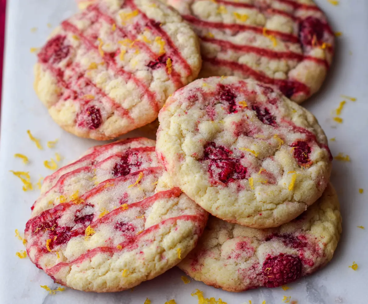 Fresh Lemonade Raspberry Cookies on a plate with vibrant red raspberries and lemon slices for a refreshing treat.