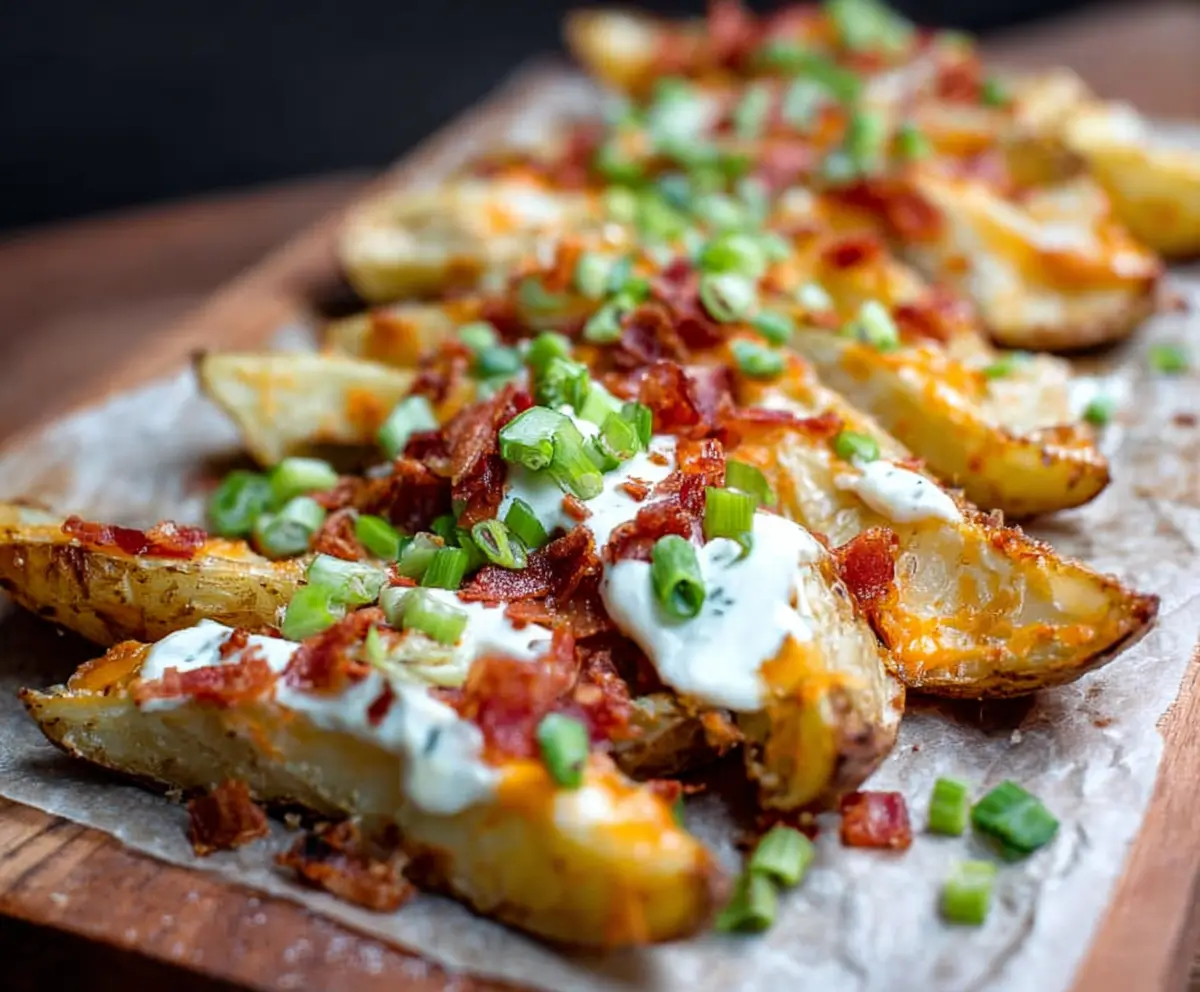 Golden-loaded baked potato wedges topped with cheese, bacon, and green onions on a white plate.