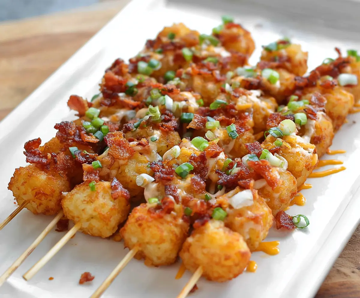 Loaded Tater Tot Skewers with melted cheese, bacon, and green onions on a serving platter.