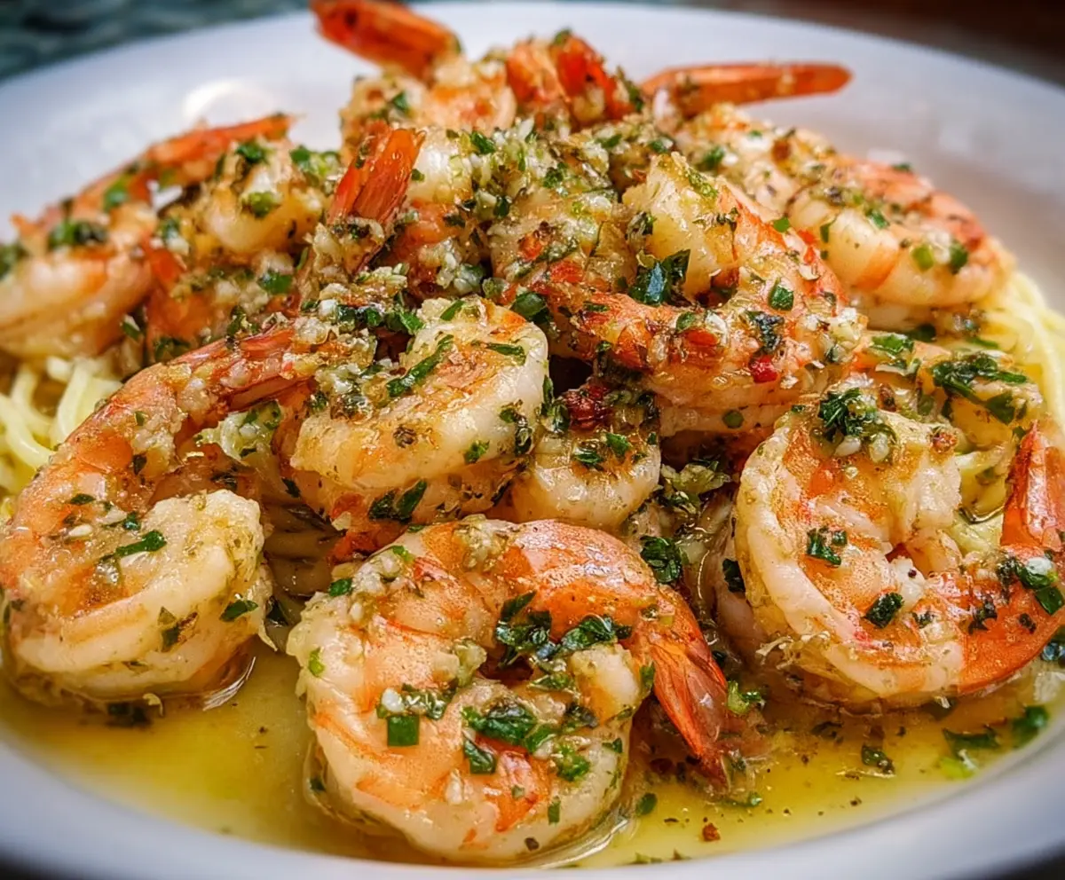 Delicious Lobster Shrimp Scampi served on a plate with garlic and herbs.