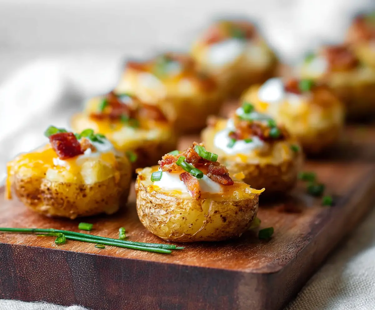 Delicious mini loaded baked potato bites topped with cheese, bacon, and green onions.