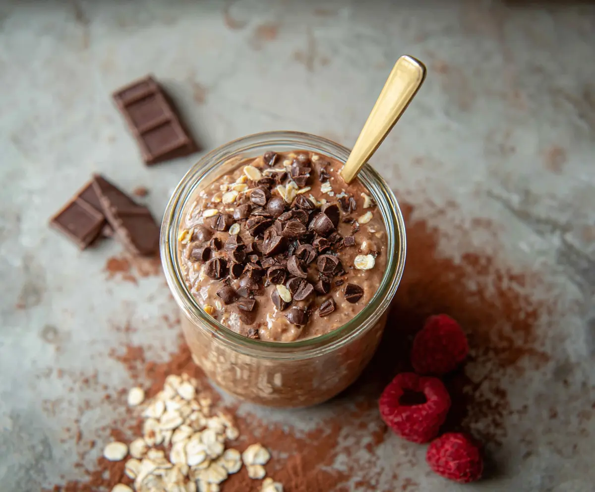 Creamy mocha overnight oats topped with chocolate shavings and fresh coffee beans, perfect for a nutritious breakfast.
