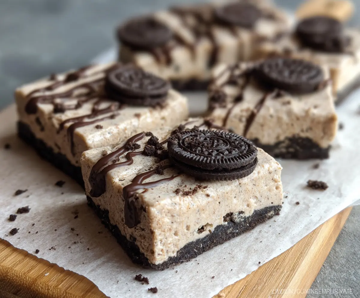 No Bake Oreo Protein Bars on a plate with chocolate and cream filling