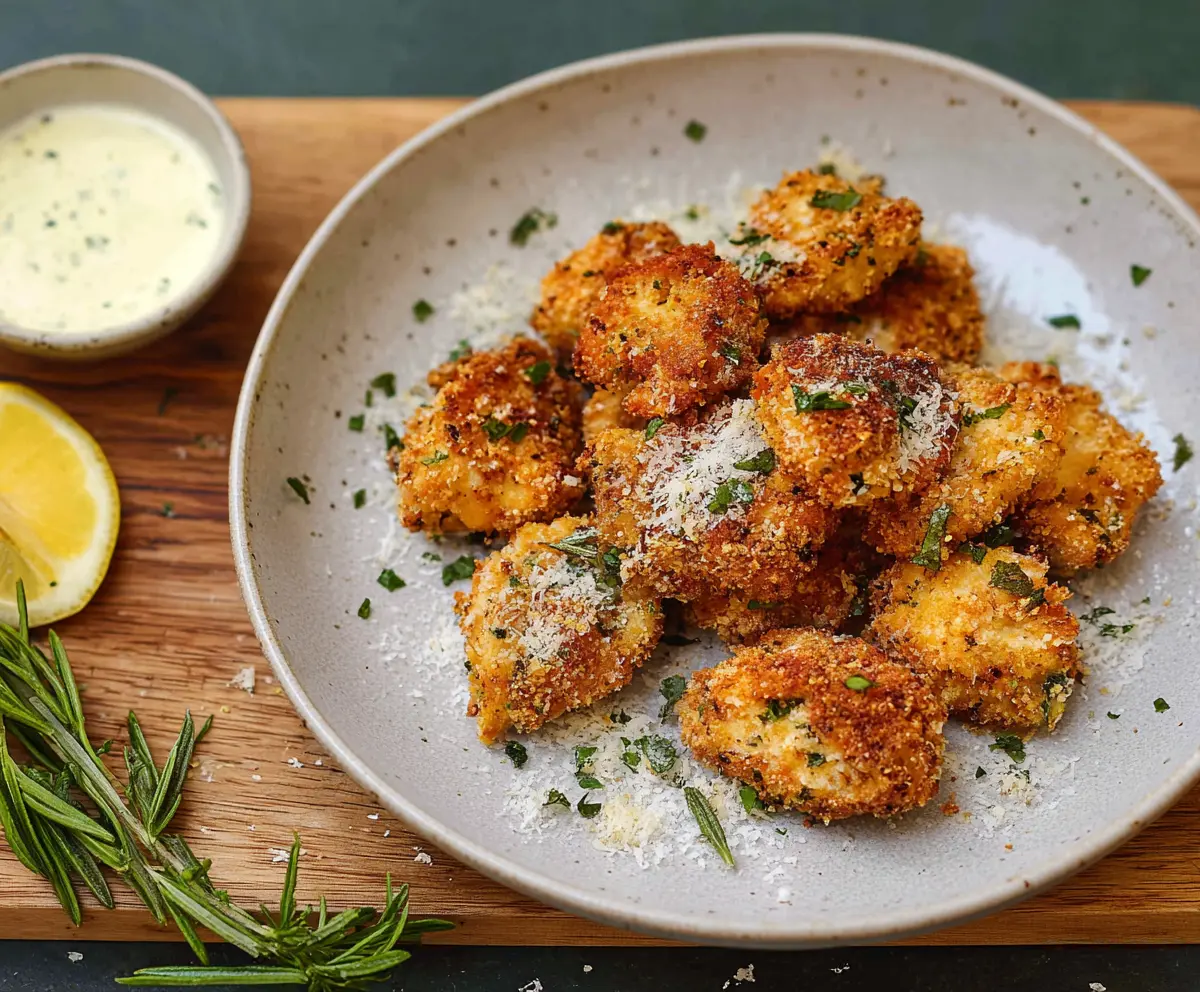 Delicious Parmesan Herb Chicken Bites served on a platter, garnished with fresh herbs.