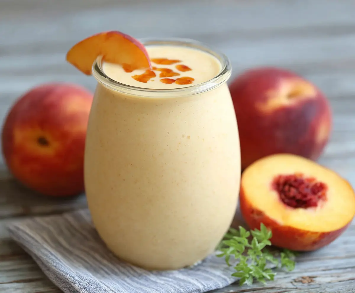 Refreshing peach protein smoothie in a glass, garnished with fresh peach slices and mint, perfect for a healthy breakfast or snack.