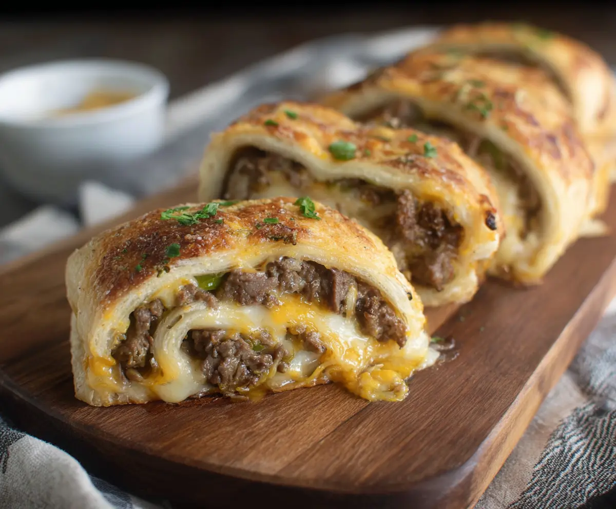 Delicious Philly Cheesesteak Roll Ups filled with tender beef, melted cheese, and crispy bread crumbs.