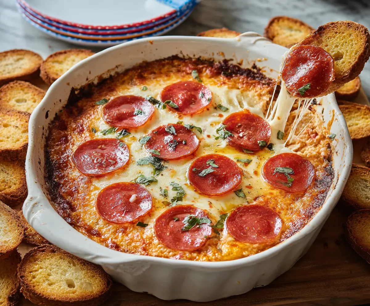 Delicious cheesy pizza dip spread with pepperoni and melted mozzarella, perfect for sharing at parties.