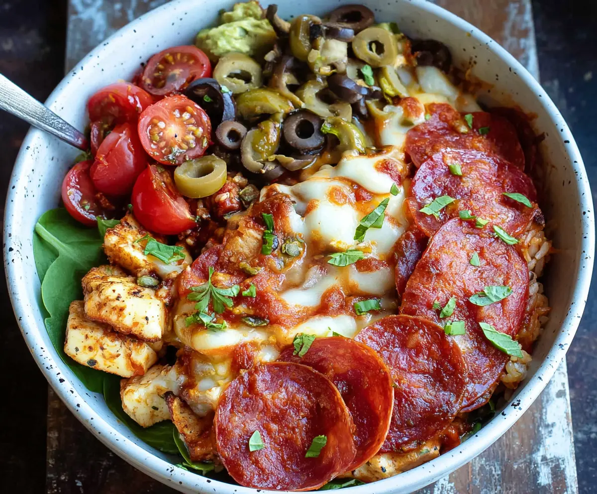 Healthy Pizza Protein Bowl with grilled chicken, tomatoes, cheese, and fresh herbs in a bowl.