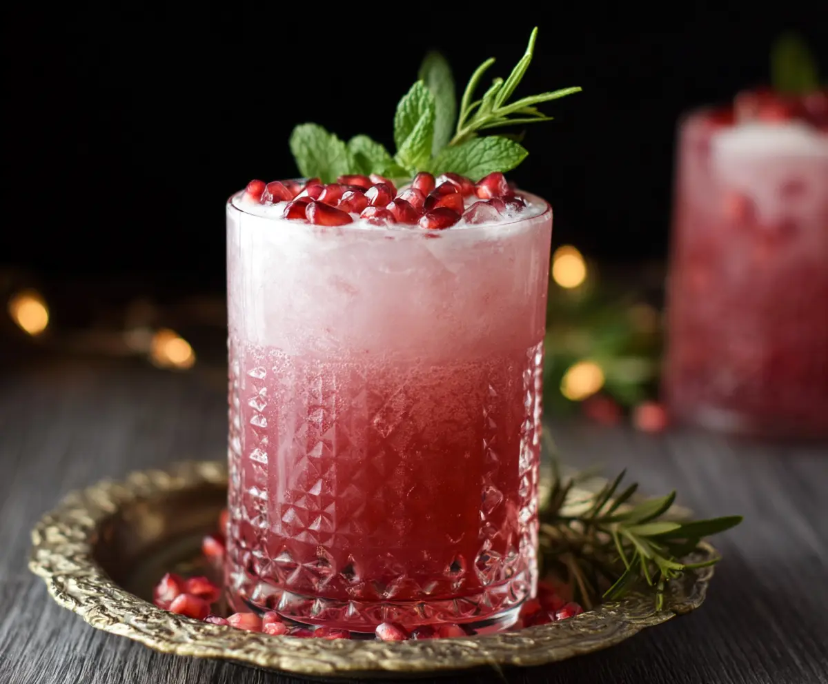 Refreshing Pomegranate Gin Fizz cocktail with garnished lime and mint on a bar counter.