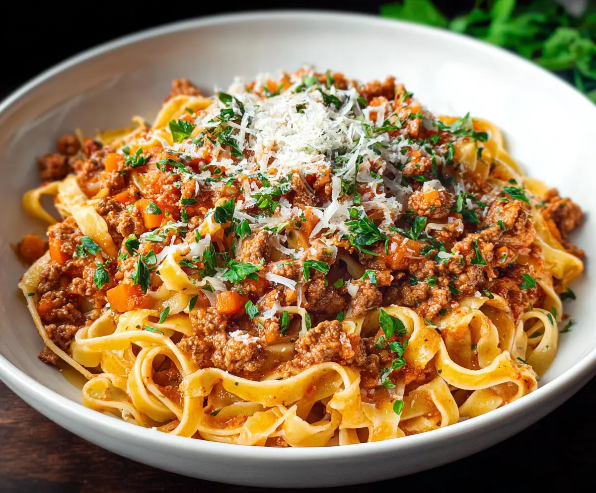 Delicious Pork Bolognese Pasta with rich tomato sauce and tender pork served on a plate.