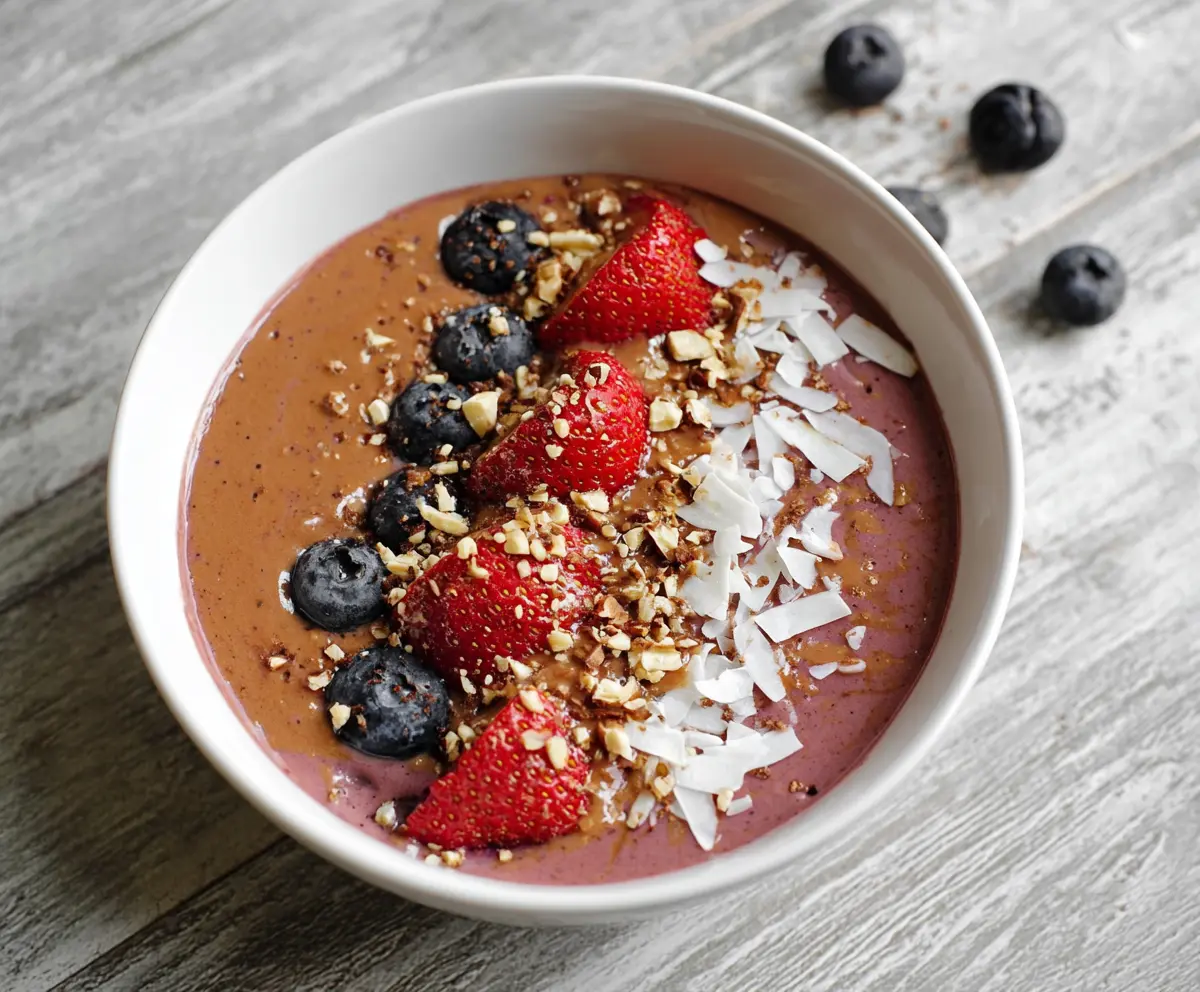 Colorful protein smoothie bowl topped with fresh fruits and granola, healthy breakfast option