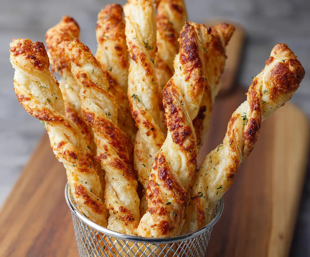 Crispy puff pastry Parmesan twists on a white plate, garnished with extra cheese and herbs.