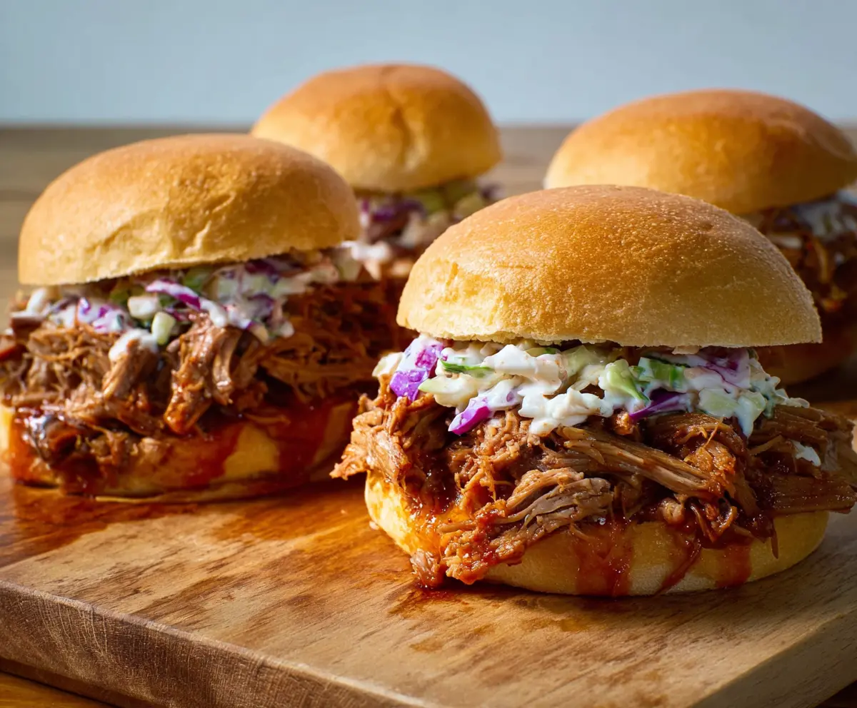 Delicious pulled pork sandwiches with crispy buns and tangy barbecue sauce on a wooden platter.