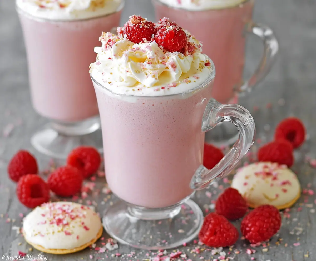 Delicious Raspberry White Hot Chocolate in a cozy mug, topped with whipped cream and fresh raspberries.