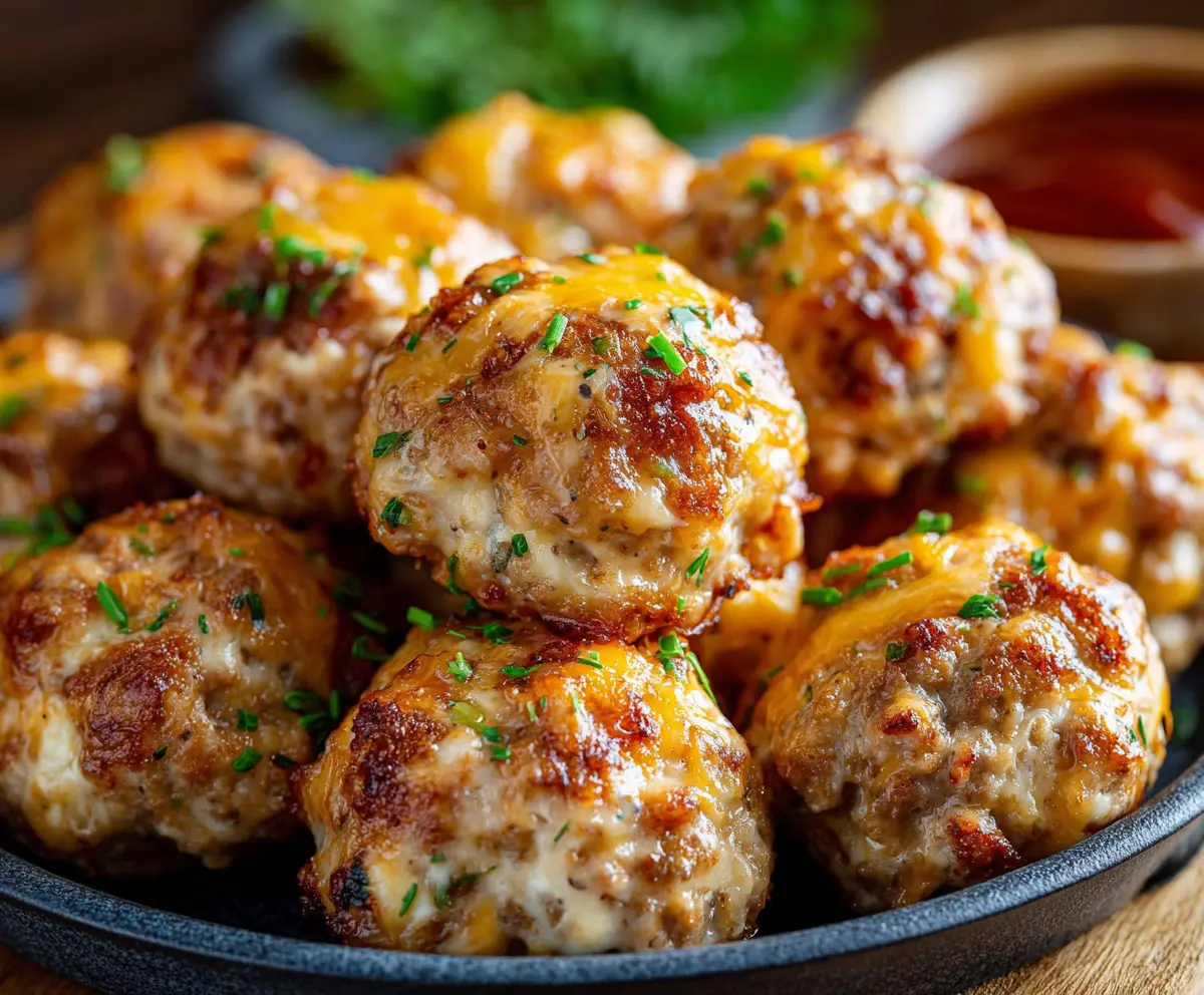 Delicious Rotel sausage balls with melted cheese and spicy sausage on a plate.
