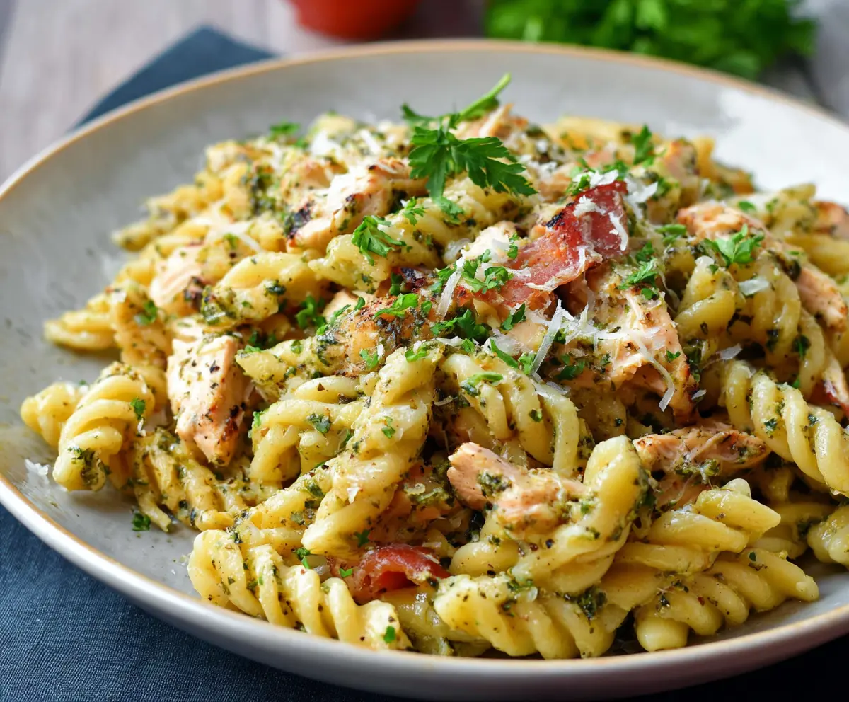 Delicious rotisserie chicken pasta dish with creamy sauce and herbs on a serving plate