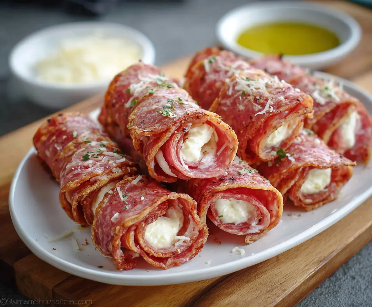 Delicious Salami and Cream Cheese Roll Ups on a platter for appetizer or snack.
