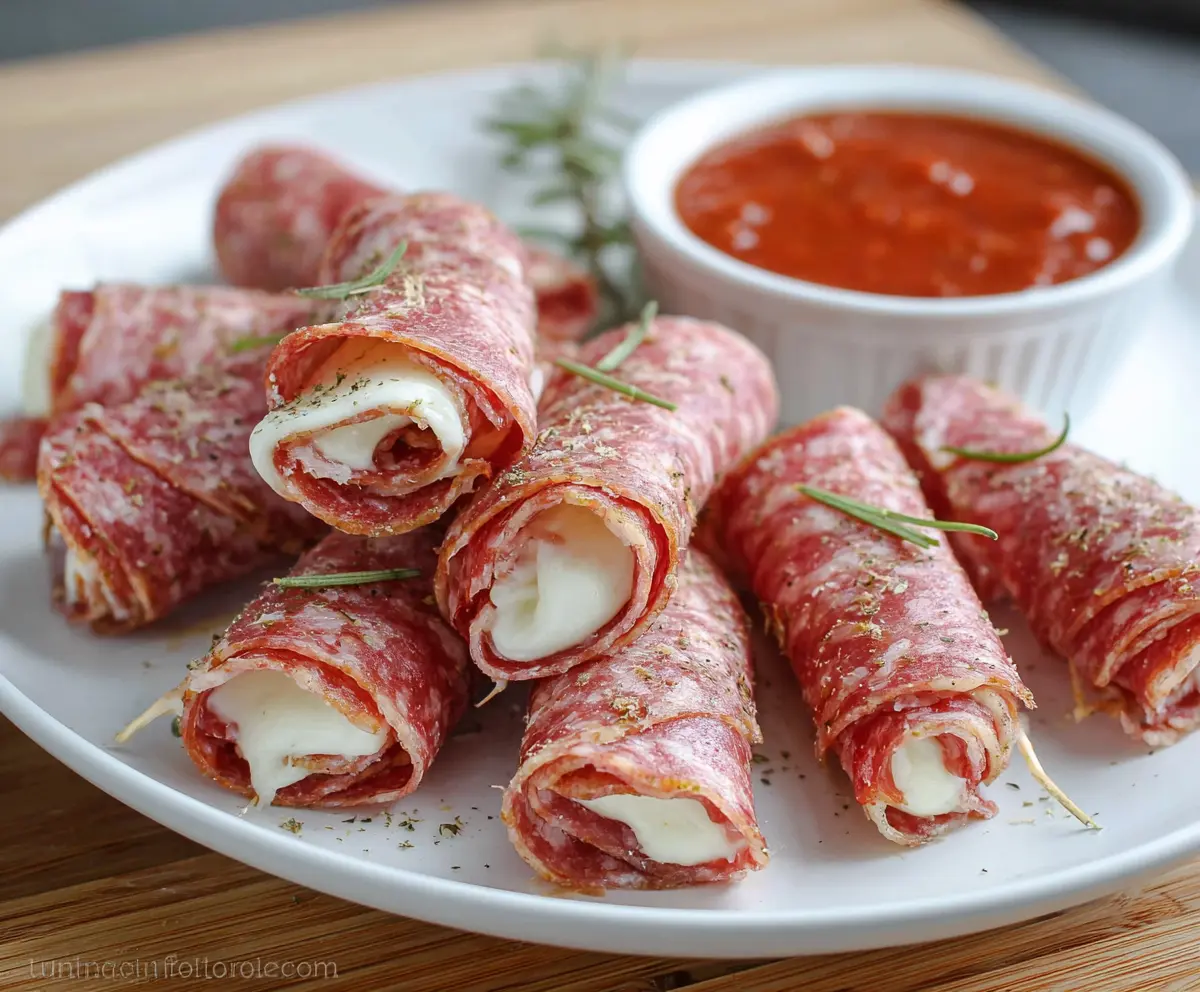 Delicious Salami Roll Ups garnished with fresh herbs, perfect for snacks or parties.
