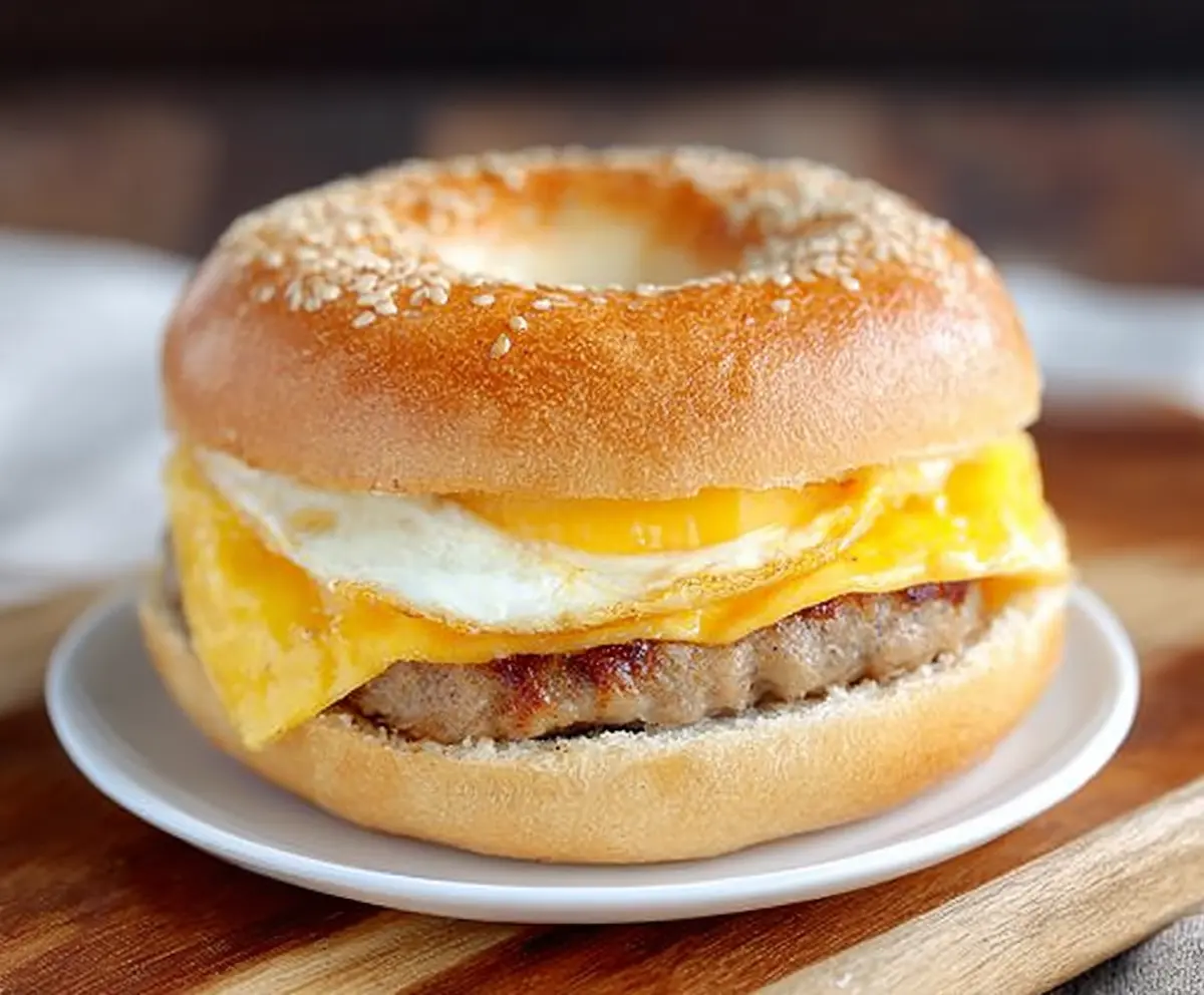 Savory sausage, scrambled eggs, and melted cheese inside a toasted bagel for a delicious breakfast sandwich.