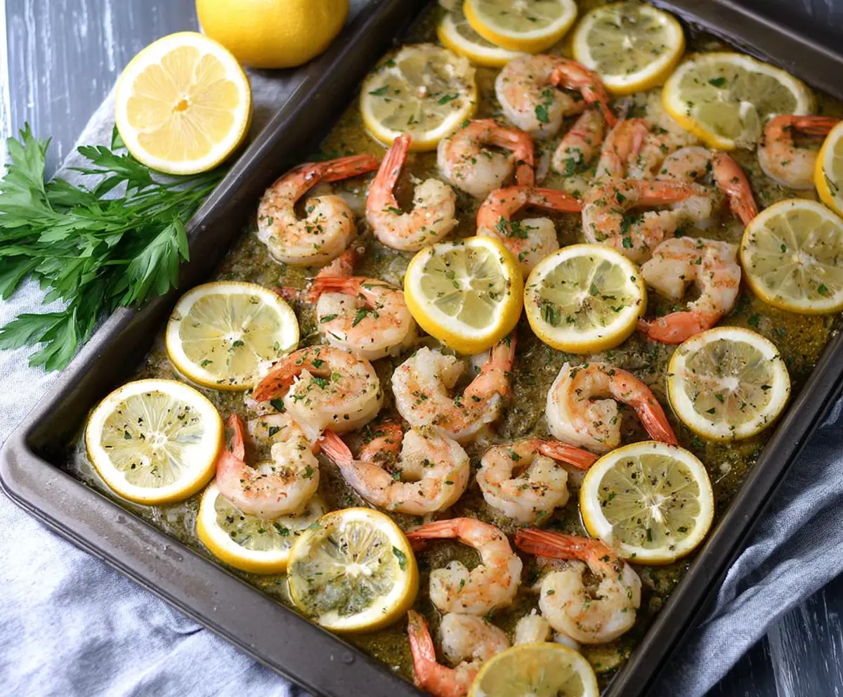 Delicious sheet pan lemon herb shrimp served on a white plate with fresh herbs and lemon wedges.