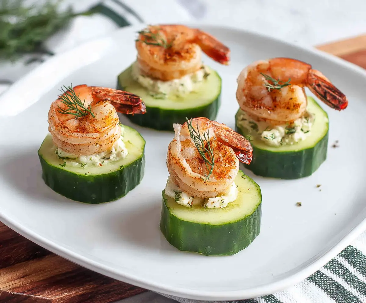 Delicious shrimp and cucumber bites appetizer served on a white plate