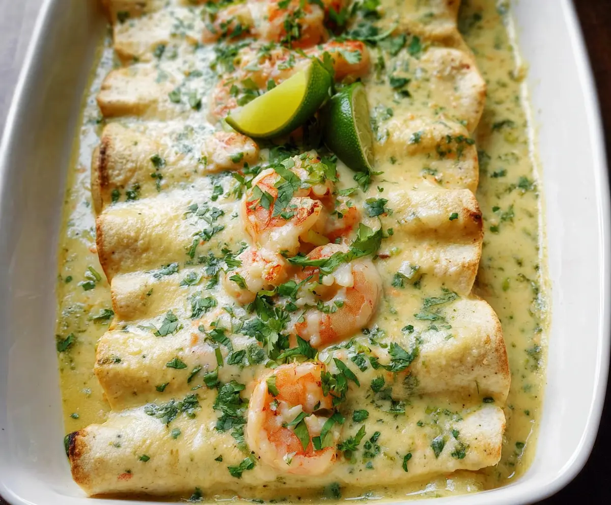 Delicious shrimp enchiladas topped with creamy poblano sauce on a serving plate.