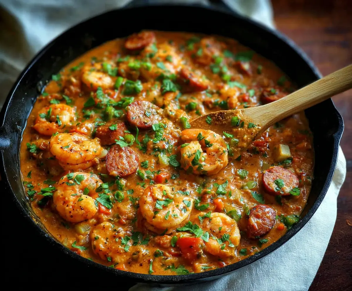 Delicious smothered shrimp and sausage dish with rich sauce and vibrant ingredients