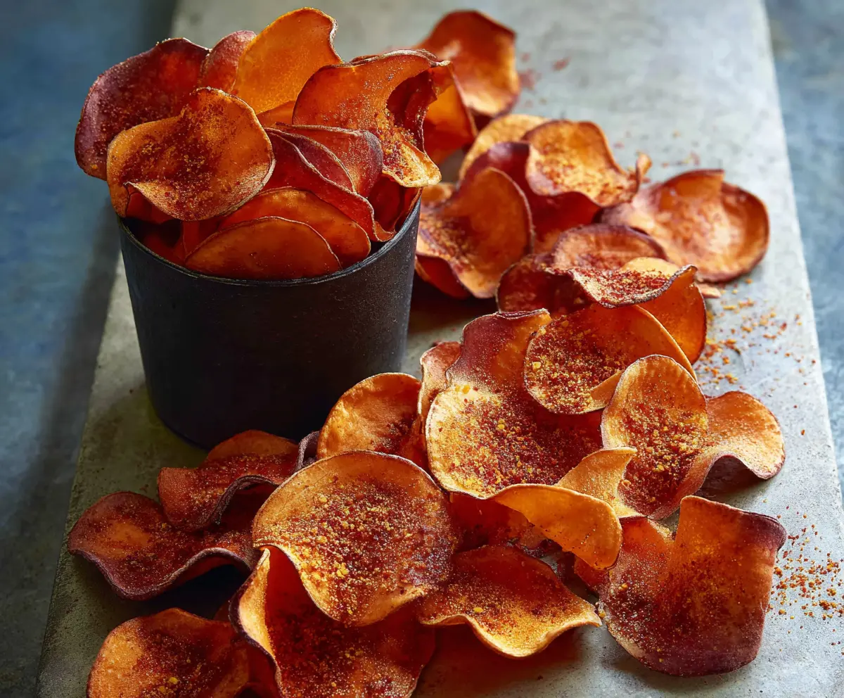 Crispy spicy sweet potato chips served on a plate, perfect for a healthy snack.